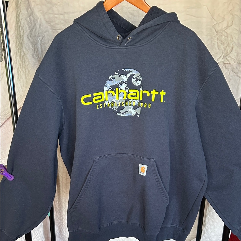Carhartt Men's Dark Blue Hoodie with Neon Logo